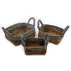 Set of three woven rectangular banana leaf and abu-abu raffia baskets with gray and brown natural fiber and twisted handles
