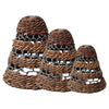 Three handwoven conical lamp shades in natural brown rope and gray metal mesh inspired by banana leaf design