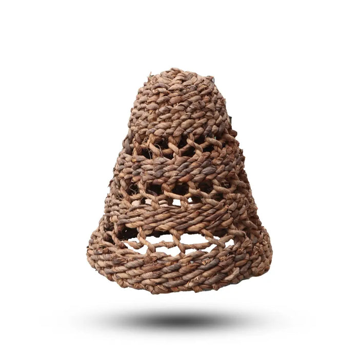 Handwoven brown rope bell shaped lamp shade with textured pattern as part of banana leaf lamp shades set of 3