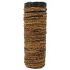 Tall cylindrical woven basket with natural brown and black stripes made from dried plant fibers in a banana leaf set
