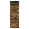 Tall cylindrical woven banana leaf basket with natural brown and black striped pattern for storage or decor