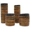 Handwoven banana leaf set with 2 cylindrical vases and 2 bins in natural brown and dark gray seagrass stripes