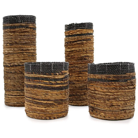 Handwoven banana leaf set with 2 cylindrical vases and 2 bins in natural brown and dark gray seagrass stripes