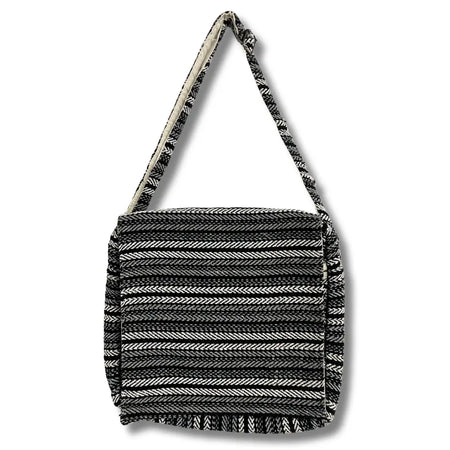 Banjar laptop bag with black and white woven herringbone pattern shoulder strap and grey stripes design
