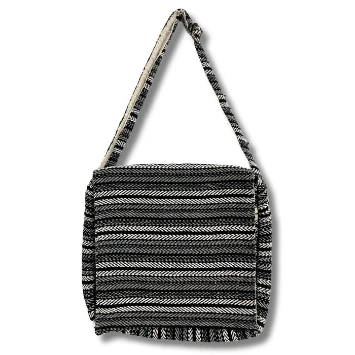 Banjar laptop bag with black and white woven herringbone pattern shoulder strap and grey stripes design
