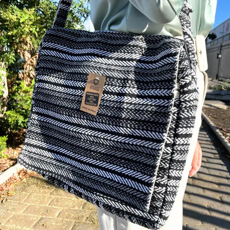 Banjar laptop bag in grey stripes with black and white herringbone cotton polyester tote and woven stitching details