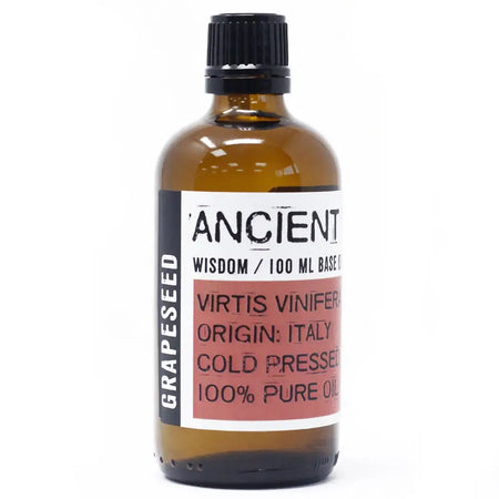 An amber glass bottle of ancient wisdom 100ml grapeseed base carrier oil rich in fatty acids from italy