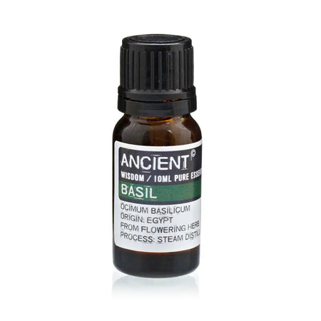 A small amber glass bottle with a black cap labeled ancient wisdom 10ml pure essential basil essential oil