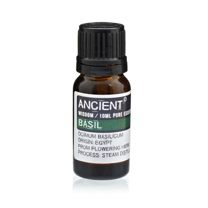 A small amber glass bottle with a black cap labeled ancient wisdom 10ml pure essential basil essential oil
