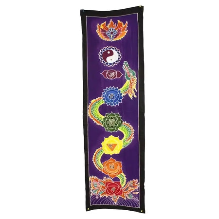 Purple batik drop banner made of fabric showing embroidered seven chakra symbols and a colorful dragon design