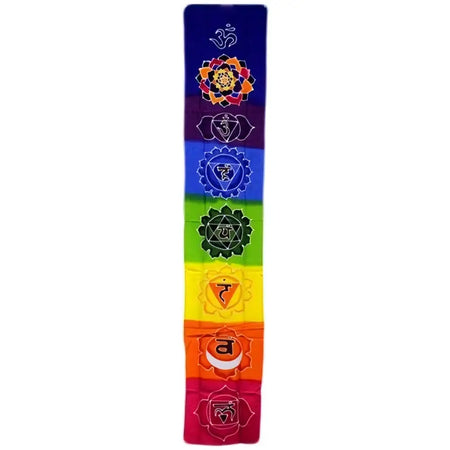 A vertical batik drop banner showing seven rainbow-colored chakra energy centers with intricate symbols and an om symbol on top