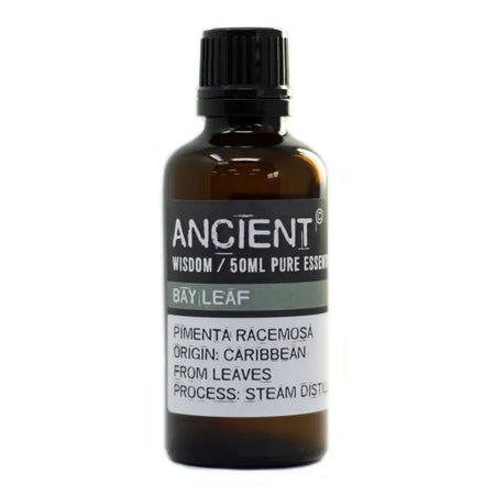 A dark amber glass bottle of bay leaf essential oil 50ml with black cap and allergen declarations on the label
