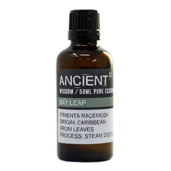 A dark amber glass bottle of bay leaf essential oil 50ml with black cap and allergen declarations on the label