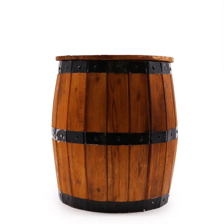 A natural beer barrel stool made of rustic wood with black metal bands and a matching wooden lid