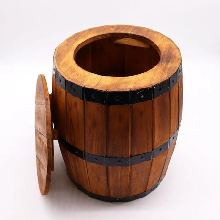 A natural beer barrel stool made of rustic wood with black metal bands and a hinged lid in warm brown finish