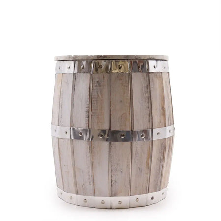 Weathered white wooden beer barrel stool with metallic silver bands and rivets in a rustic finish