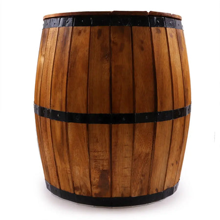 A rustic natural beer barrel table made of wood with dark metal bands and a classic barrel design