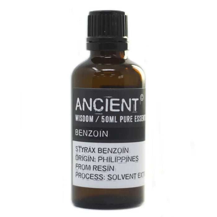 A dark amber glass bottle of ancient brand benzoin essential oil 50ml with allergen declarations on the label