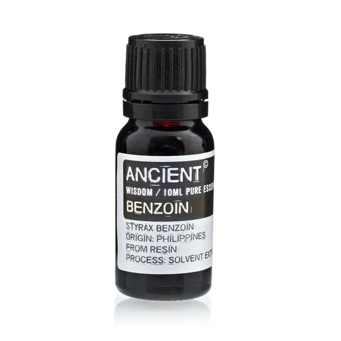 A sleek black glass bottle of benzoin essential oil 10ml with a ribbed black cap and white and brown label text