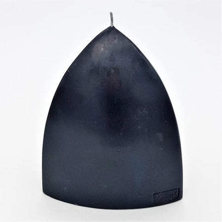A sleek matte black teardrop shaped candle with a single wick and psong brand mark called black bishops hat candle
