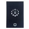 Black gratitude journal with silver embroidered beetle design moon phases and chakra symbol on textured cover