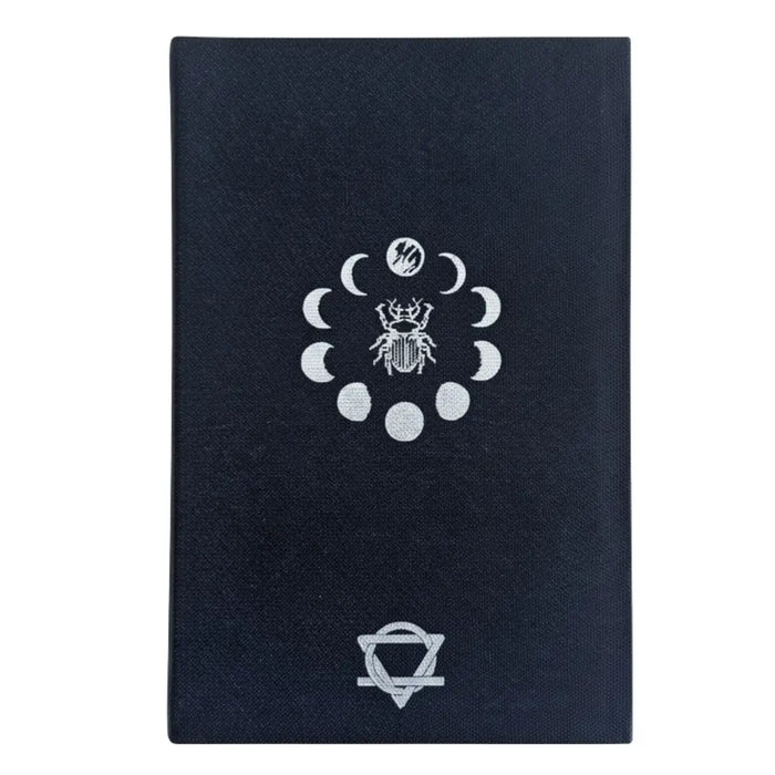 Black gratitude journal with silver embroidered beetle design moon phases and chakra symbol on textured cover