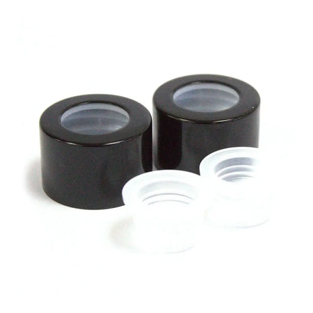 Black screw caps with clear windows and white plastic travel plugs for round reed diffuser bottles 50ml
