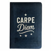 Dark blue velvet notebook with textured cover and carpe diem in metallic silver lettering with stars, 80 pages