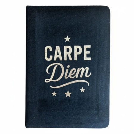 Dark blue velvet notebook with textured cover and carpe diem in metallic silver lettering with stars, 80 pages