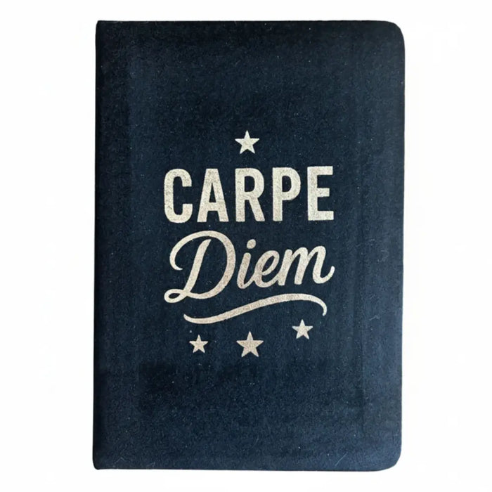 Dark blue velvet notebook with textured cover and carpe diem in metallic silver lettering with stars, 80 pages