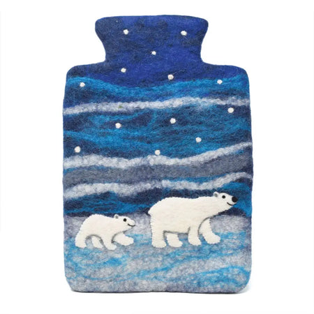 Black yak felt hot water bottle with a polar bear arctic scene in blue and white wool for hot water use