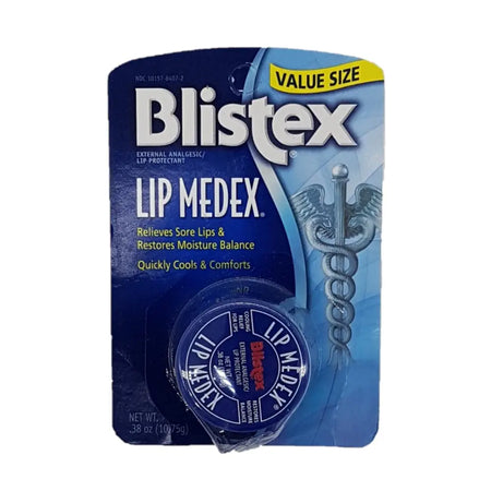 Blistex lip medex lip balm in a blue value size package with a silver caduceus symbol on the label