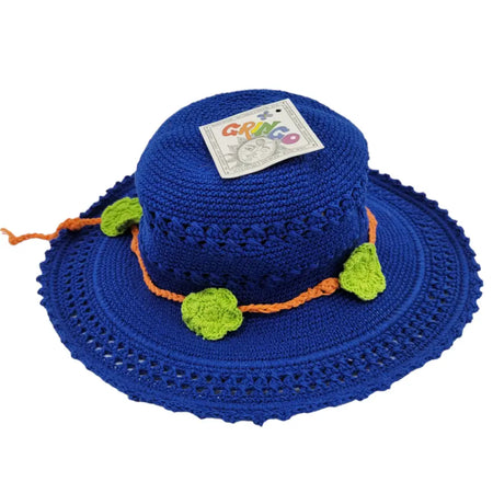 A vibrant royal blue cotton crochet sun hat with a bright orange cord and lime green leaf embellishments