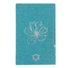 Teal linen blue gratitude journal with white embroidered flower and chakra symbol for daily thankful notes