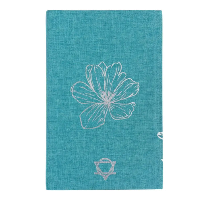 Teal linen blue gratitude journal with white embroidered flower and chakra symbol for daily thankful notes
