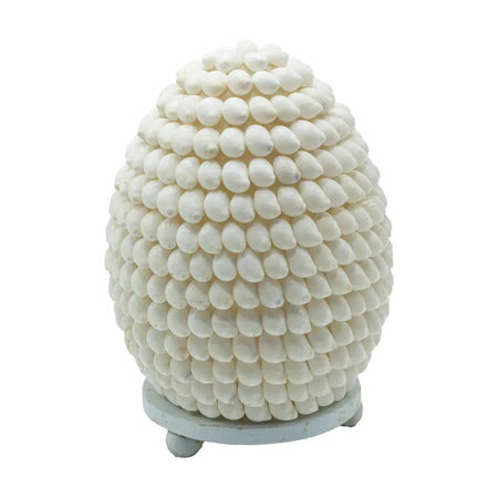 Boho buting shell lamp oval 15cm made of white glossy seashells in an egg-shaped textured design