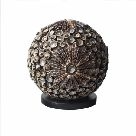 Boho sea shell lamp chocolate twist globe 15cm made of metallic shell pieces in a radial pattern with a central accent
