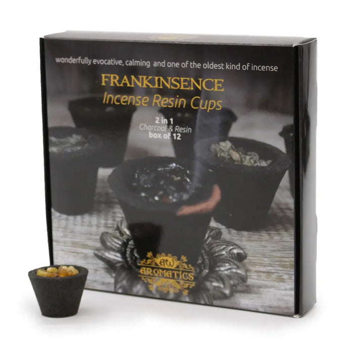 Box of 12 black frankincense incense resin cups with 2 in 1 charcoal and resin blend in a simple packaging