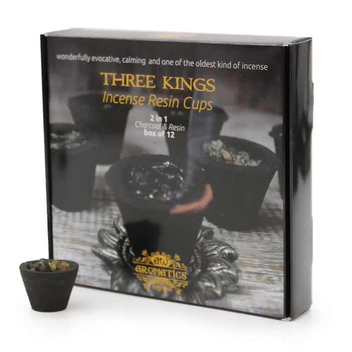 Black resin incense cups with a matte finish for traditional three kings incense resin ceremonies in a box of 12
