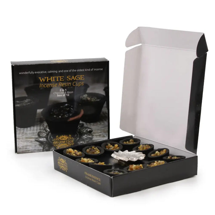 Box of 12 black resin incense cups with silver leaf decoration for resin incense use in three kings design box