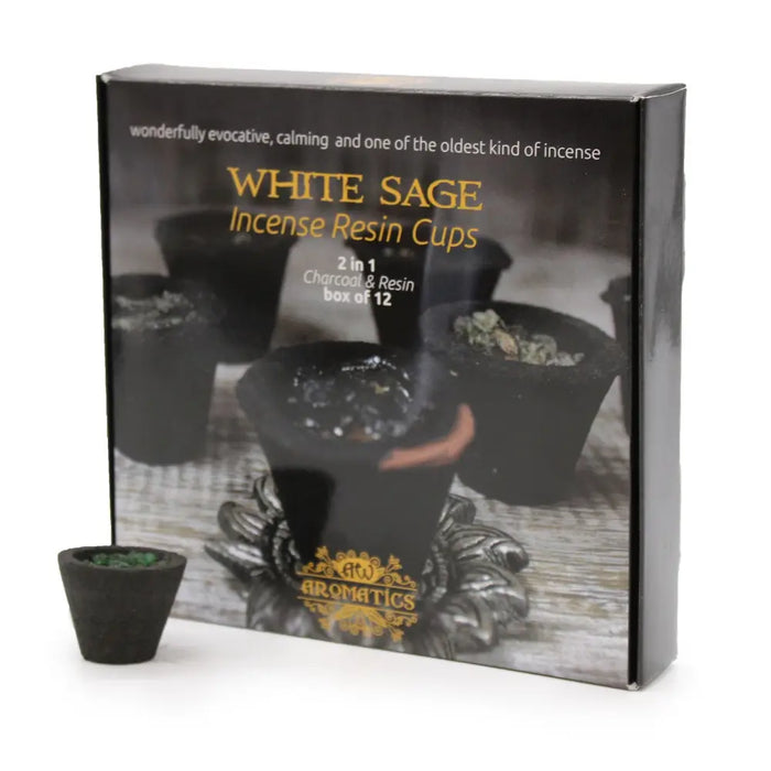 Black resin incense cup with charcoal base designed for white sage aroma in a box of 12 incense resin cups