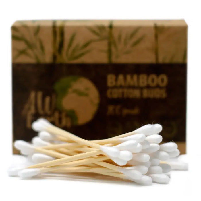 Box of 200 bamboo cotton buds with natural wooden sticks and white cotton tips in a brown cardboard box with bamboo leaves
