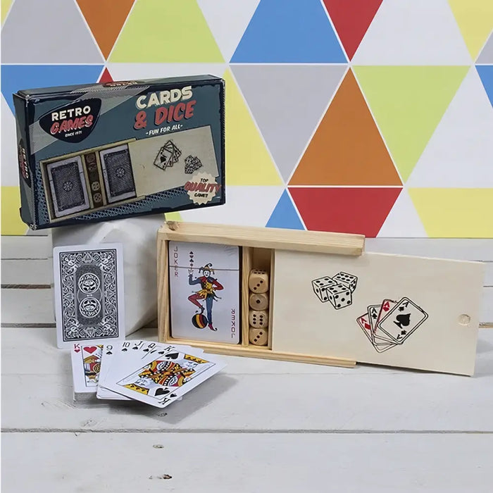 Wooden box set with playing cards and dice showing a joker card inside for game nights and casual play