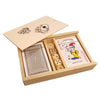 Light-colored wooden box with playing cards and dice in a boxed set of playing cards and dice