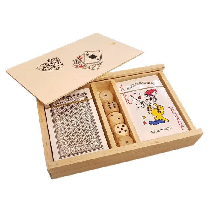 Light-colored wooden box with playing cards and dice in a boxed set of playing cards and dice
