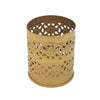 Gold-colored brass-finish cylindrical tealight holder with intricate cut-out patterns for decorative use