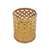 Gold-colored brass-finish cylindrical tealight holder with intricate geometric cut-out patterns from kasbah design