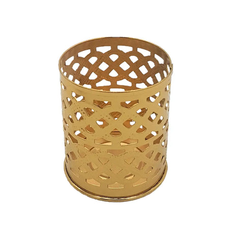 Gold-colored brass-finish cylindrical tealight holder with intricate geometric cut-out patterns from kasbah design