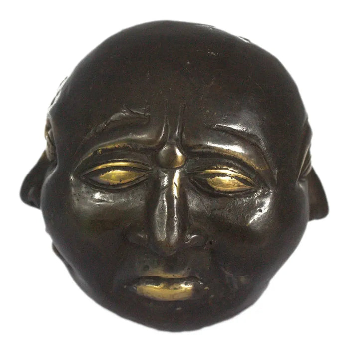 Dark bronze brass four face buddha pendant with gold inlay detailing eyes and lips measures 10cm