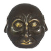 Dark bronze brass mask with gold inlaid eyes and lips showing a stylized facial expression 10cm tall